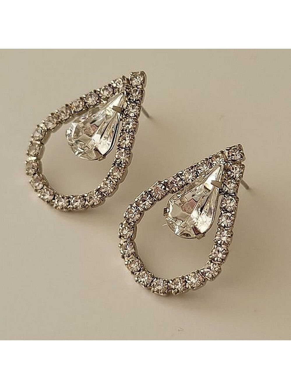 𝅺Silver Crystal Double Teardrop Earrings #0355